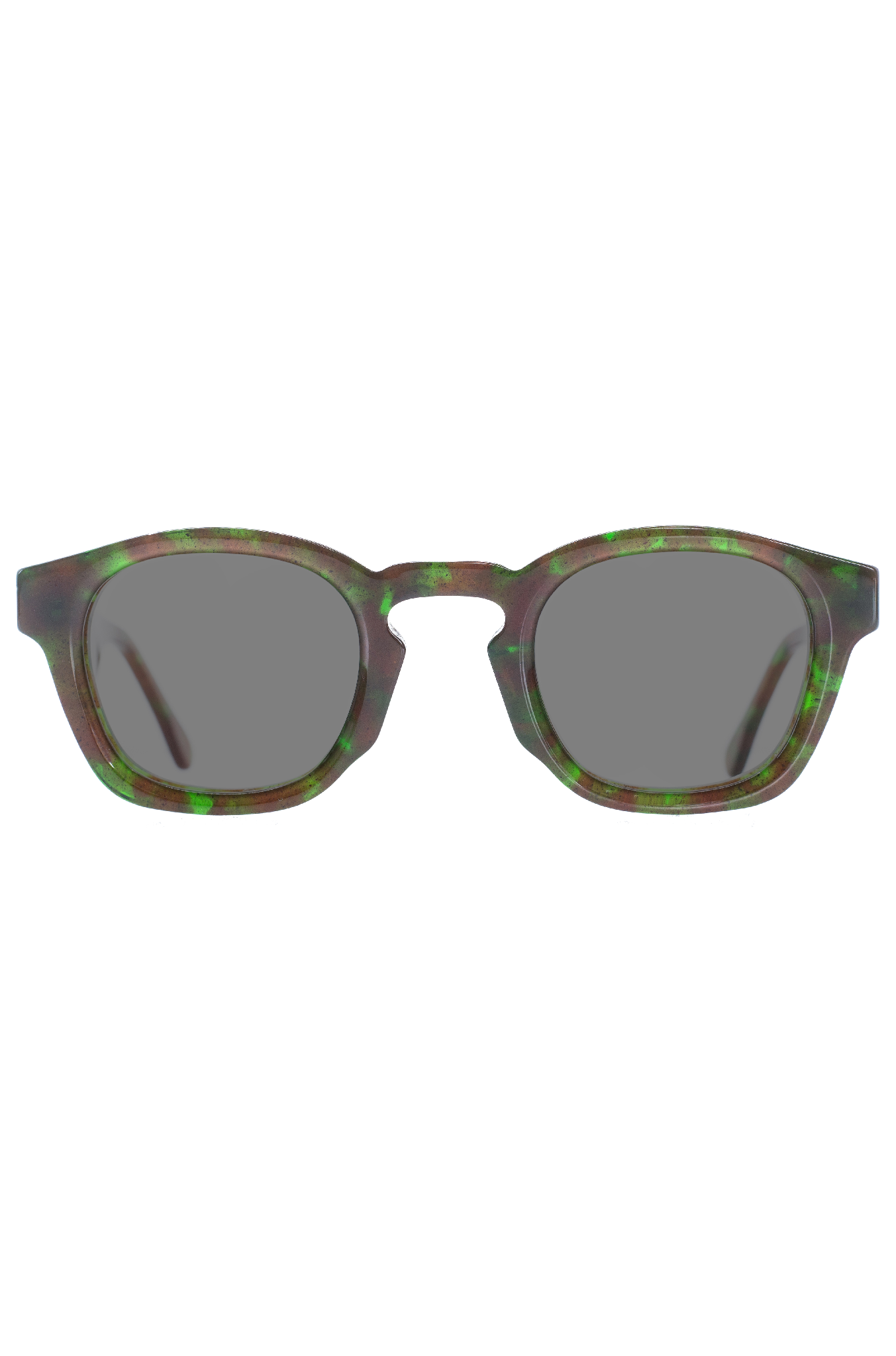 Sunglasses with a green and brown frame on a white background