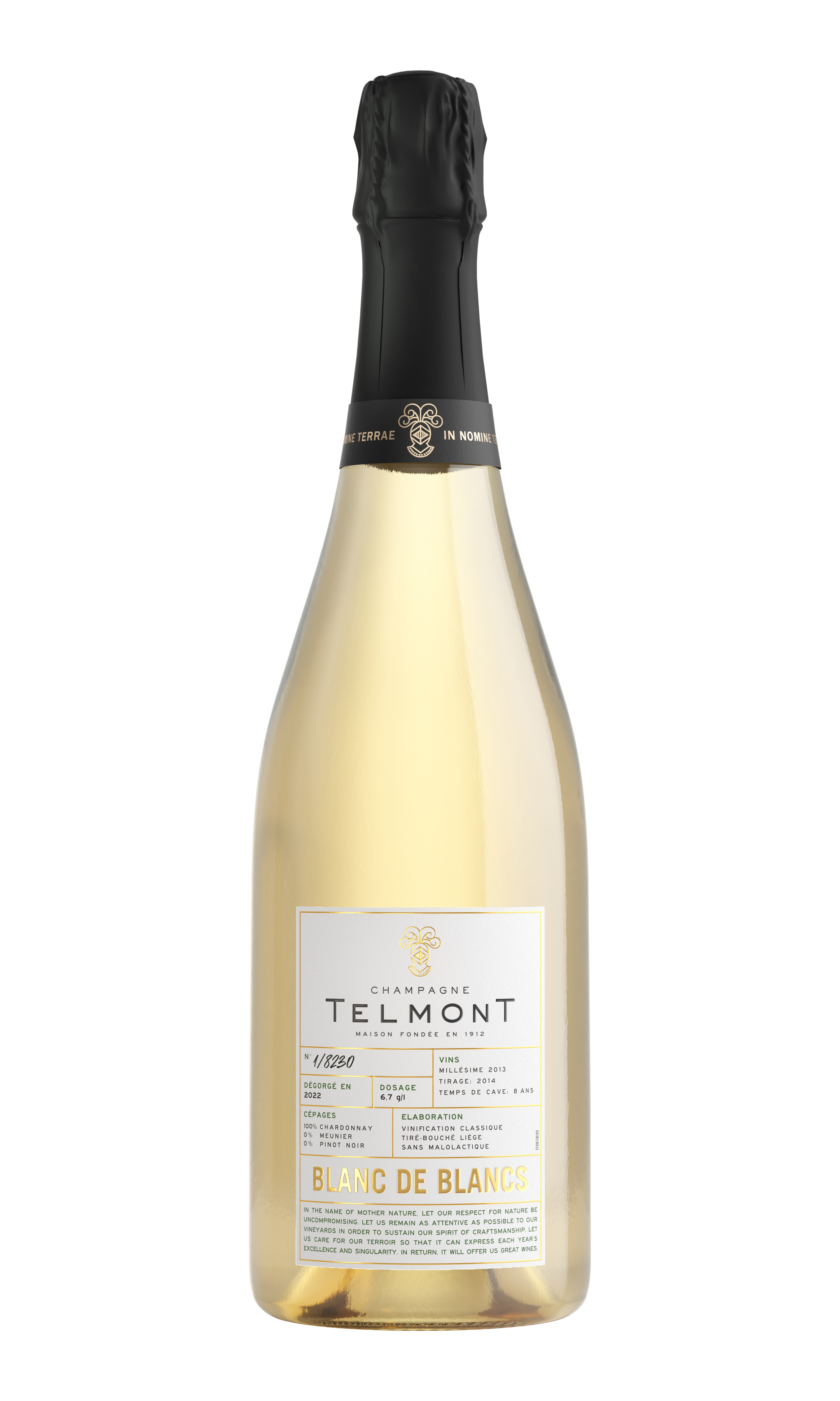 A packshot of a bottle of Champagne Telmont Blanc de Blancs