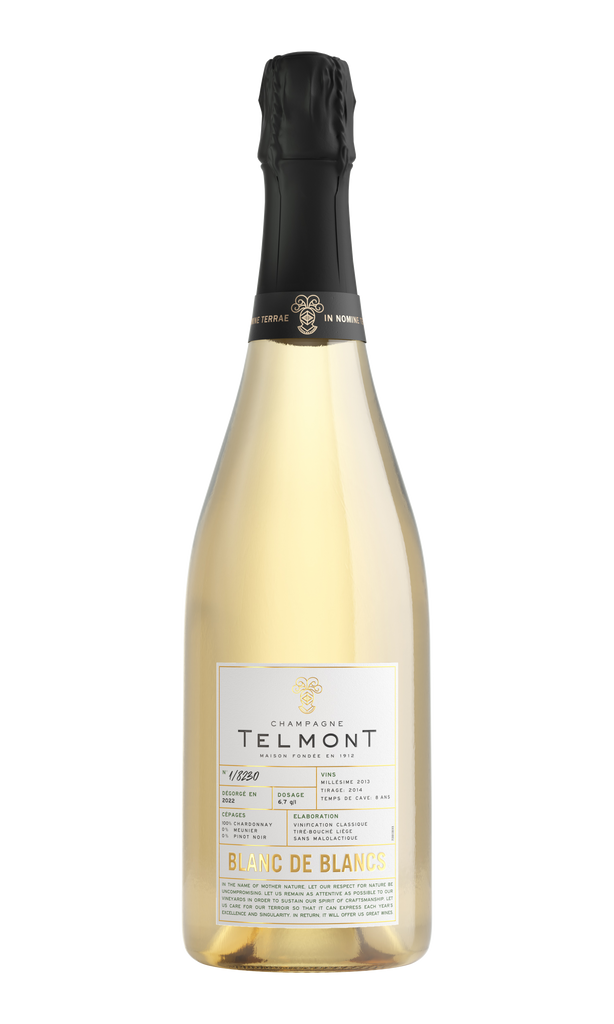 A packshot of a bottle of Champagne Telmont Blanc de Blancs