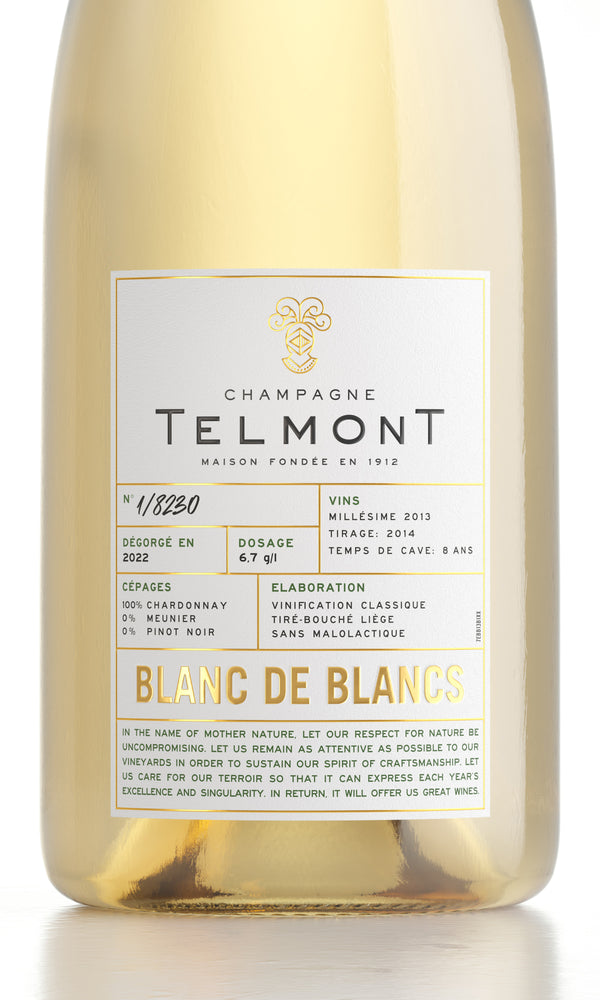 A zoom on the label of the bottle Blanc de Blancs from Telmont