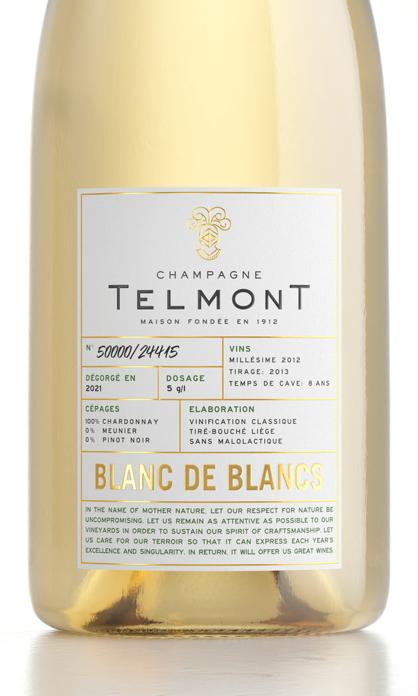 Packshot of a label of champagne Blanc de Blancks, white background