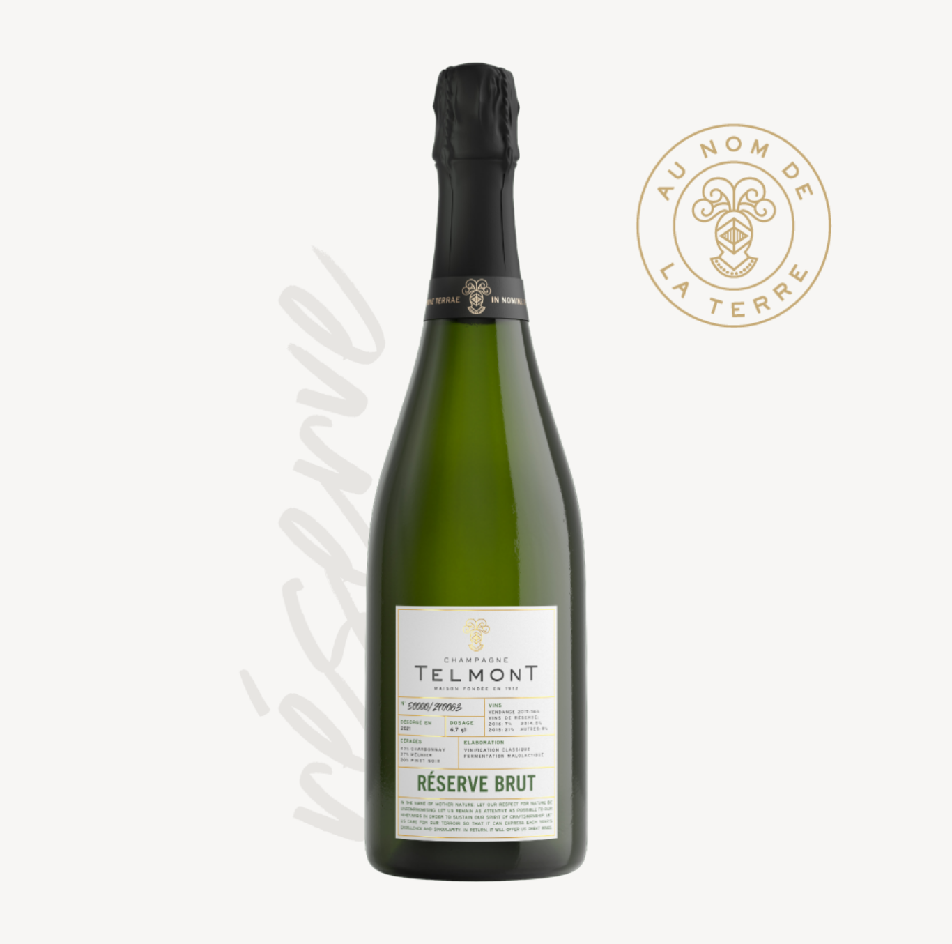 Packshot of a bottle of champagne Reserve Brut with a stamp, on white background